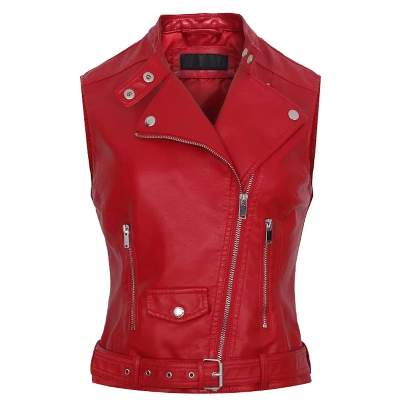 Aelegantmis New Leather Vest Women Motorcycle Biker Sleeveless Jacket Red Black Female Waistcoat Cool Belt Streetwear Spring