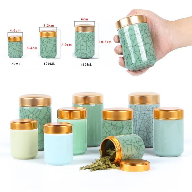 Mini-oppbevaringskrukker i keramikk med celadon-metalllokk, forseglet sylindrisk beholder for oppbevaring av te, korn, tørrvarer, godteri osv._voghion.com