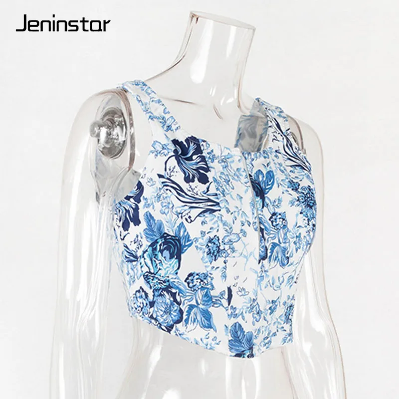 Jeninstar, с цветочным принтом, однобортные, сексуальные короткие топики скинни, без рукавов, летний топ на бретелях, женские, с открытой спиной, пляжные, вечерние, женские