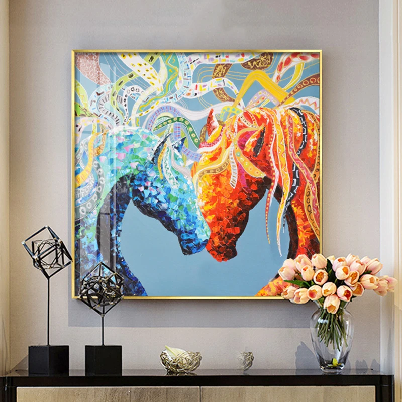 Colorful Animal Art Graffiti Two Horses' head Canvas Painting Wall Art Picture For Living Room Modern Abstract Art Prints Poster