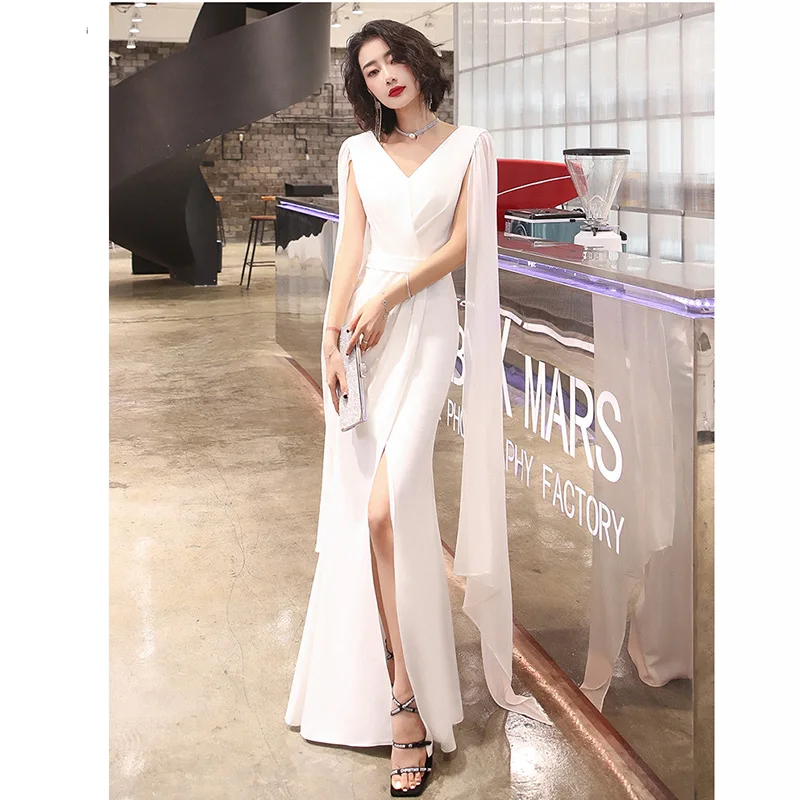 Это Yiiya вечернее платье Элегантное белое с v-образным вырезом Robe De Soiree LF232 сексуальное раскол шаль размера плюс Вечерние платья Русалка для женщин