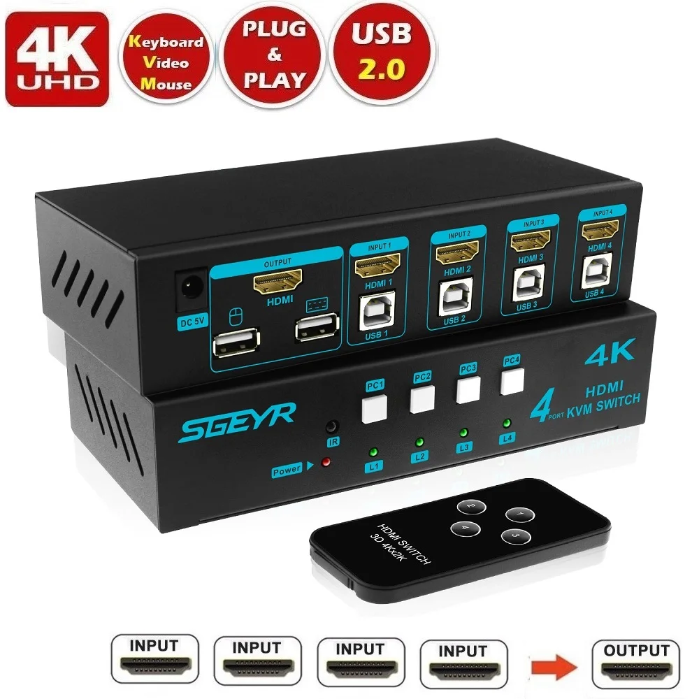 Sgeyr 4 port usb hdmi kvm switch 4k kvm hdmi switcher splitter support