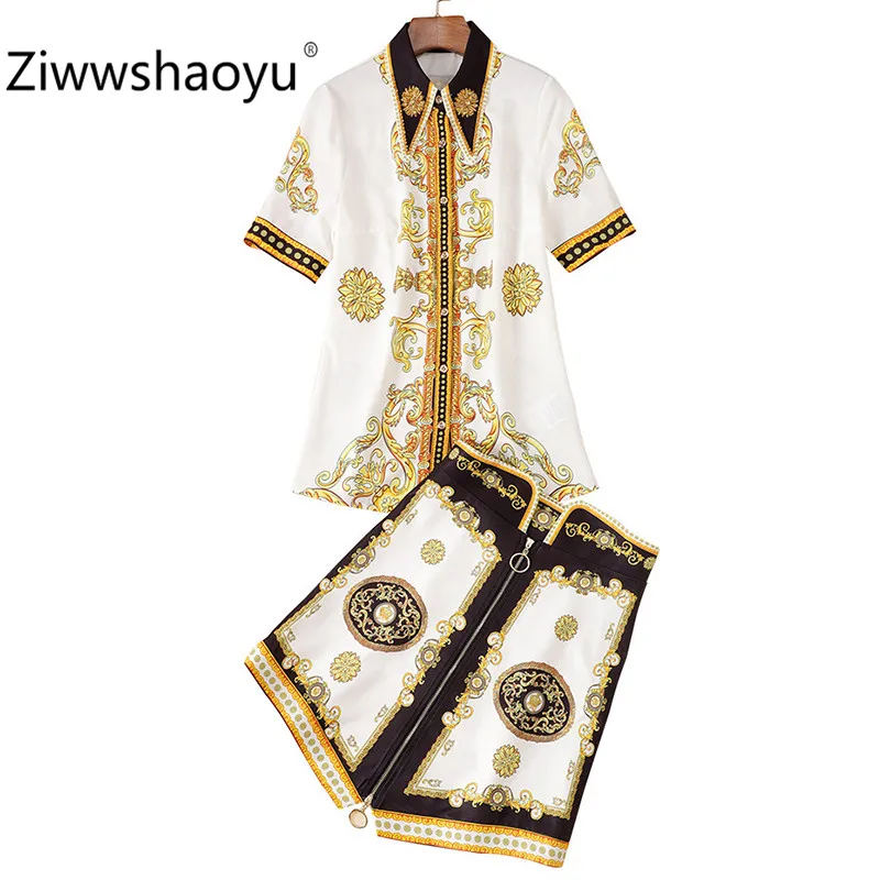 Ziwwshaoyu/модный бренд, летний женский комплект из 2 предметов, блуза с золотым принтом с бриллиантами+ юбка на молнии с высокой талией, комплект одежды