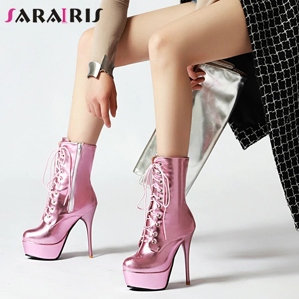 

SARAIRIS New 13.5cm Thin High Heels Booties Ladies Party Sexy High Platform Ankle Boots Women 2019 Cross Tied Zip Shoes Woman
