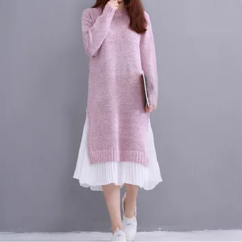 

2019 Spring Autumn Women Midi Dress Round Neck Knitted Chiffon Patchwork Sweater Dress Casual Elegant Long Sleeve Split Dresses