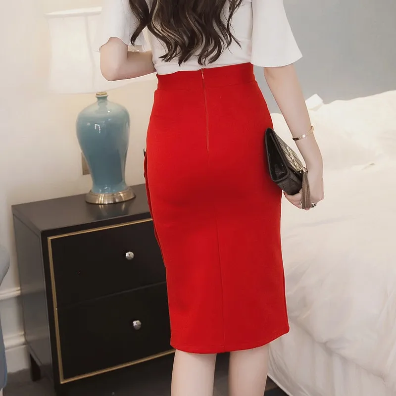 Большие размеры 5XL модная женская юбка миди для работы OL Сексуальная Открытая разрезная кнопка тонкая элегантная юбка карандаш офисные женские юбки красный