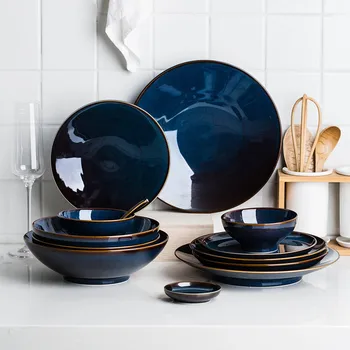 

Deep Blue Color Ceramic Tableware European Retro Glazed Dinnerware Pottery Porcelain Dish Plate Household Rice Dish cutlery set