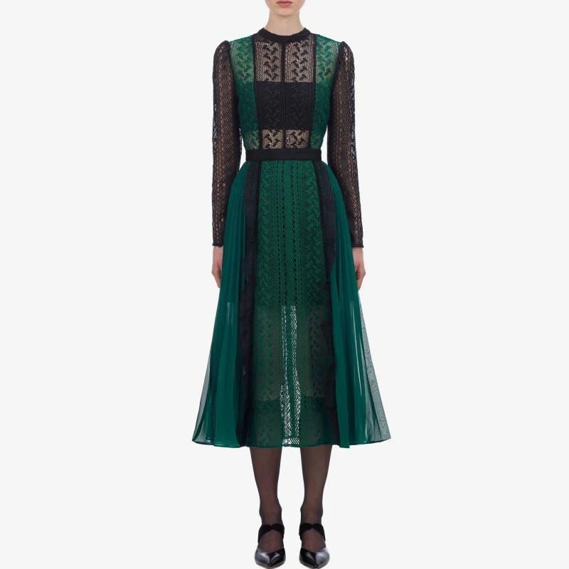

HAMALIEL Autumn self portrait Pleated Holiday Midi Dress Women Runway Green Lace Patchwork Chiffon Hollow Out Party Vestidos