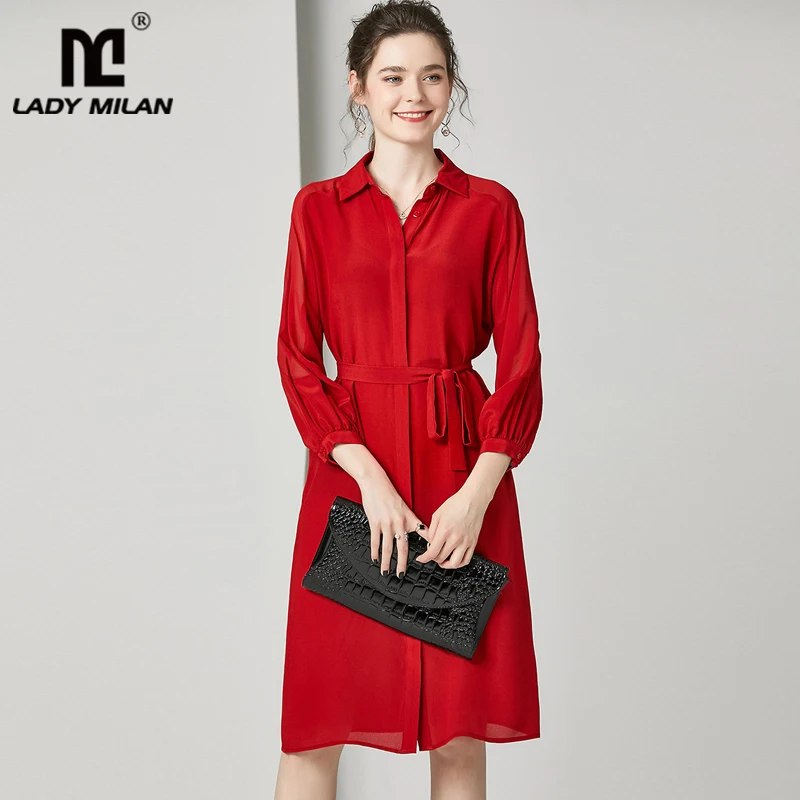 

100% Silk Women's Runway Dress Turn Down Collar 3/4 Sleeves Sash Belt Fashion High Street Dresses
