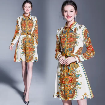 

Merchall Autumn Fashion Runway Long Sleeve Dress Women's Front Self Tie Belted Retro Floral Printed Elegant Vintage Short Dress