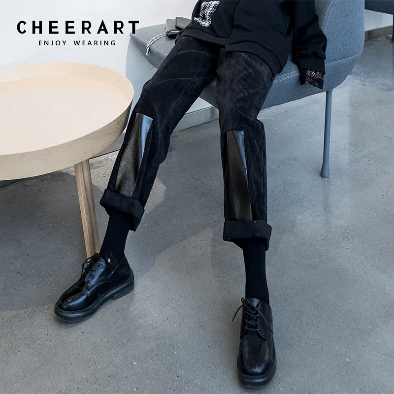 CHEERART Winter Corduroy Pants Patchwork PU Leather Long Pants Trousers Women High Waist Straight Leg Pants 2020 CHEERART Winter Corduroy Pants Patchwork PU Leather Long Pants Trousers Women High Waist Straight Leg Pants 2020