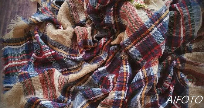 1Plaid wrap Реквизит для фотосессии новорожденных, Рождественская шапка, шаль, Набор вязаных крючком милых головных уборов, рога, капот, аксессуары - Цвет: 1Plaid wrap