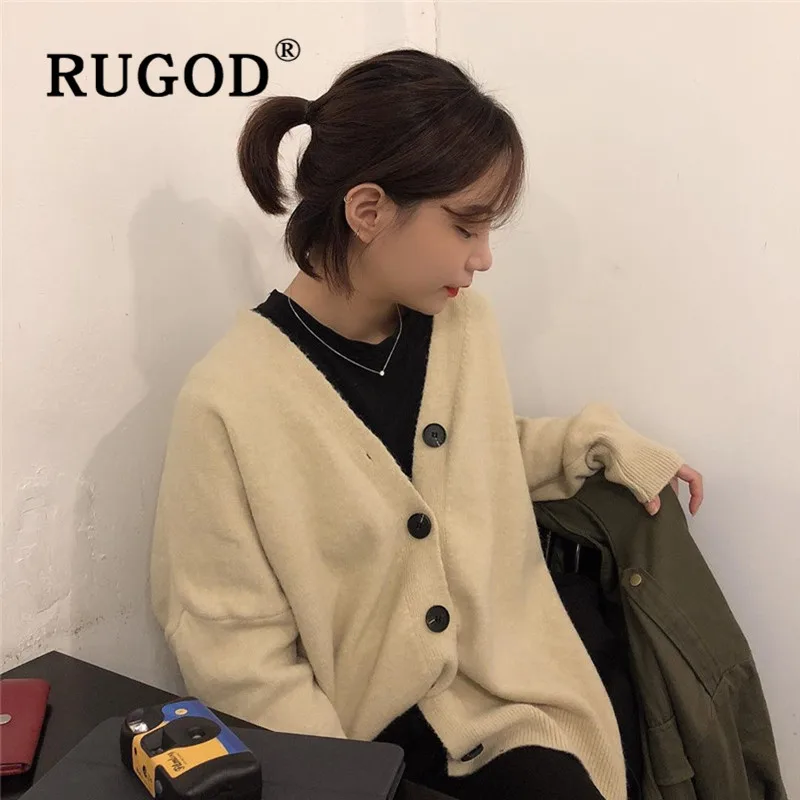 RUGOD, корейский теплый женский свитер, кардиганы, v-образный вырез, однобортный, однотонный, свободный, вязаный, пальто, модный, женский, Повседневный, свитер, осень