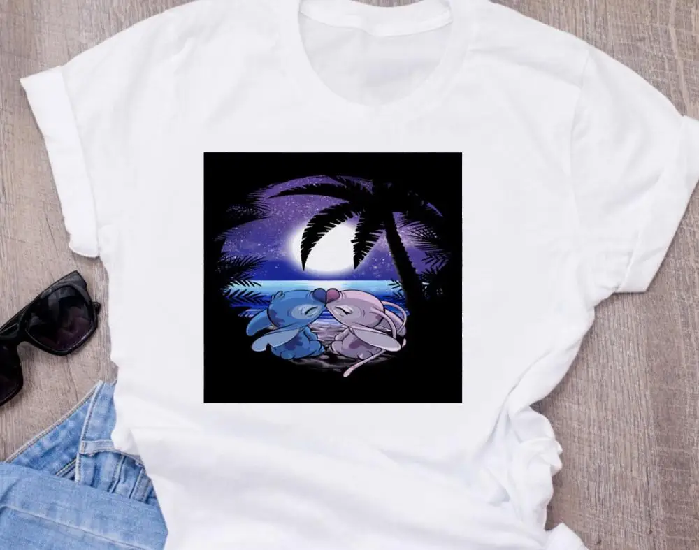 T-shirt Женская модная футболка с милым рисунком из мультфильма Disneys Lilo Stitch Harajuku Kawaii Футболка с принтом милые повседневные топы - Цвет: T-shirt