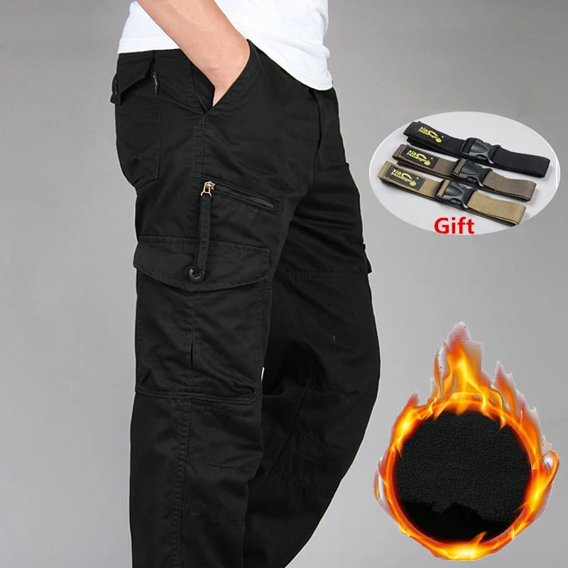 black fleece Зимние толстые теплые брюки карго мужские двухслойные хлопковые флисовые комбинезоны свободные брюки с несколькими карманами мешковатые военные тактические брюки - Цвет: black fleece