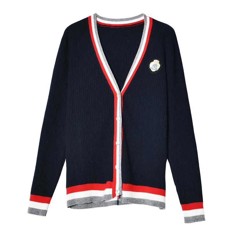 Navy Blue fall Women Autumn Preppy Style Casual Loose Contrast Striped cardigan Wool Knitted Red Sweater jersey mujer sueter damski - Цвет: Navy Blue