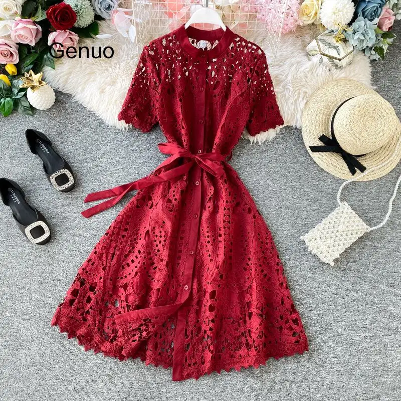 

Hollow Out Dress Fashion Stand Collar Long Sleeve Lace Short Sleeve Single Breasted Waist Long Dresses 2020 New Arrival