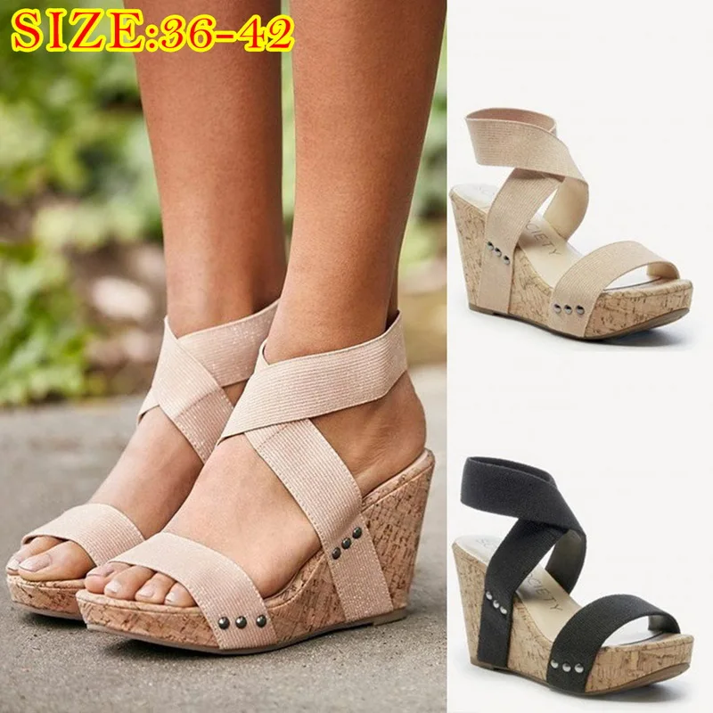 

2020 Summer Women LOOZYKIT Elastic Band Sandals Female Round Head LOOZYKIT Flats Retro Elastic Band Thick Bottom Sandals