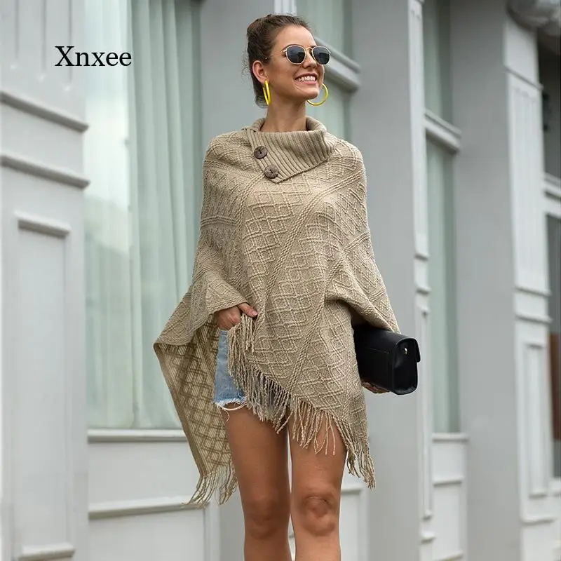 Fringed Cloak Shawl Button Half-Open Collar Pullover Plaid Women's Sweater  Poncho French Elegance Tassel Clothes - AliExpress