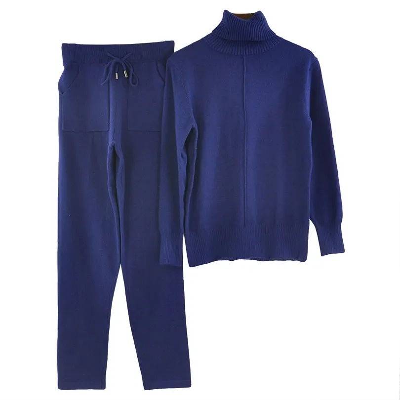 MVGIRLRU Стильный трикотажный костюм женские комплекты из 2 предметов одежды с высоким воротом средней линии свитер + брюки спортивный костюм