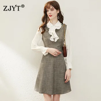 

High Street Fashion Spring Women Dress New 2020 Designer Elegant Long Sleeve Ruffle Patchwork Vintage Plaid Casual Dress