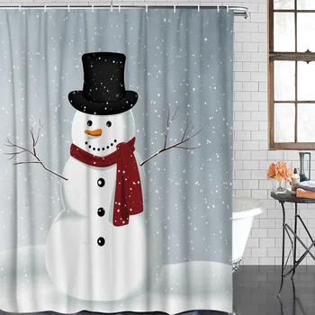 

Shower Curtain Waterproof Polyester With 12 Hooks Christmas Theme Snowman Pattern