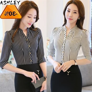 

Zebra Chiffon Shirt Pattern Striped Blouse Formal Women Work wear Summer half Sleeve V-neck Collar Slim office female Tops