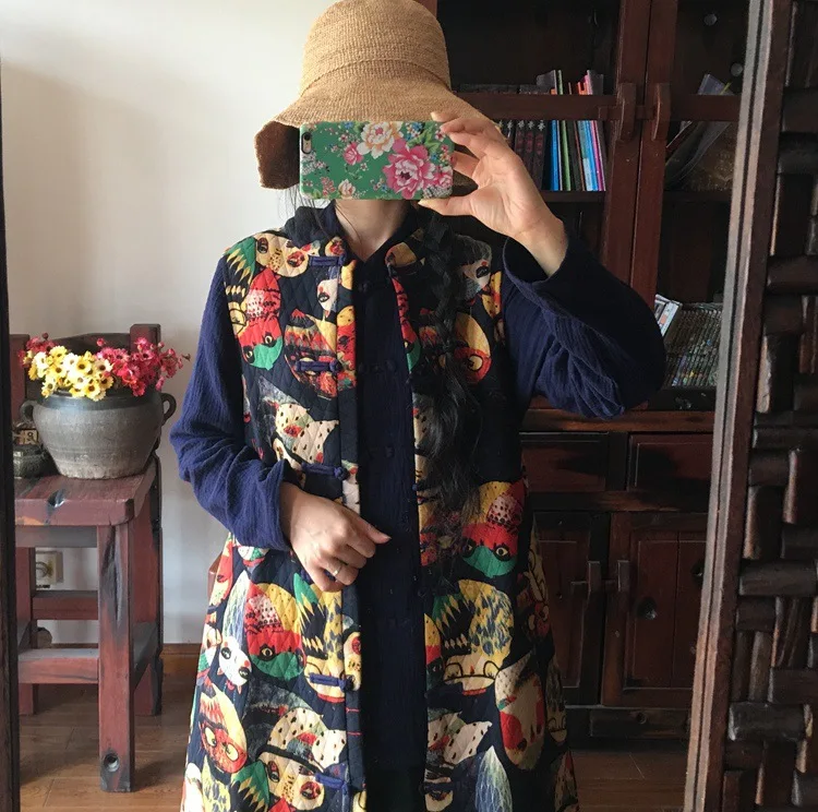 luo gu ni Ретро вязаный хлопковый длинный жилет с лягушкой 1271