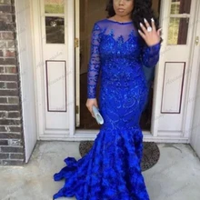 

Jasmine Royal Blue Evening Dresses O Neck Full Sleeves Sequin Applique Mermaid See Through Formal Occasion Gowns