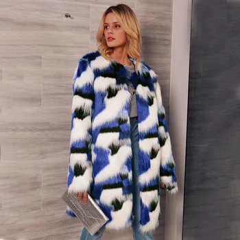 

Fashion Mixed Color Faux Fur Coat Female Warm Long Sleeve Women Jacket 2019 Autumn Winter Elegant Ladies Coats