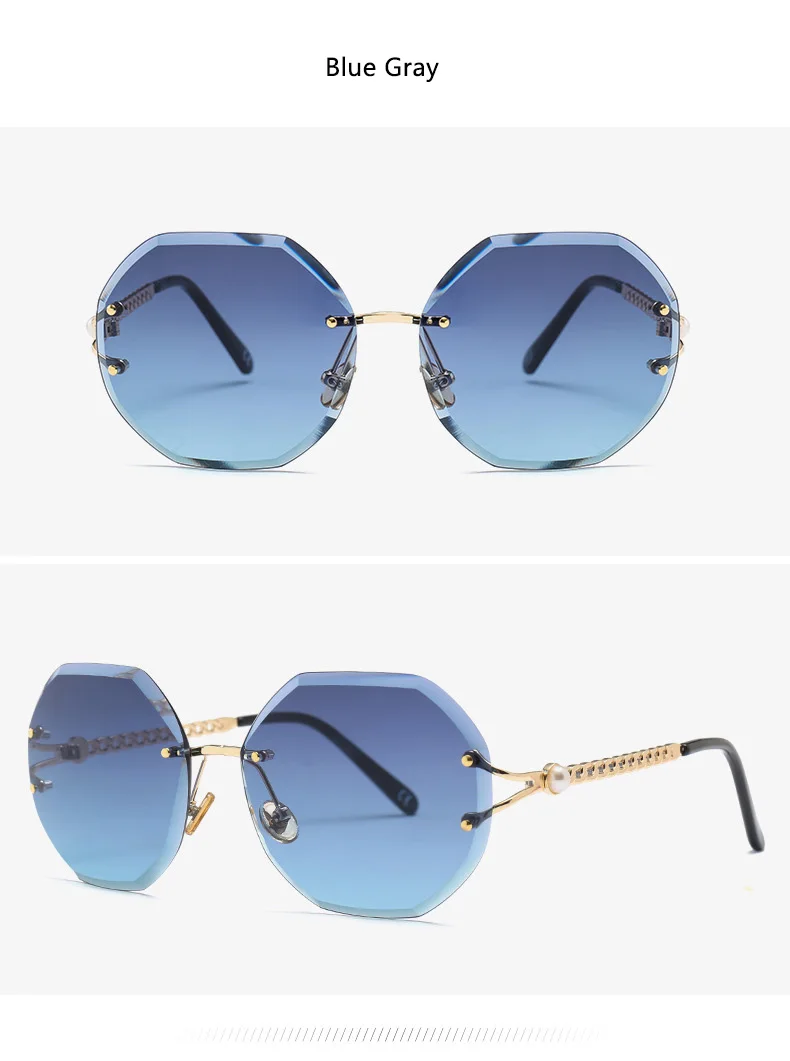 Fashion Rimless Oval Sunglasses Women Pearl Arms Metal Gradient Brown Transparent Round Glasses Elegant Eyewear Feminino