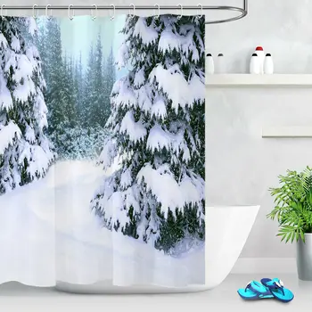

Winter Pine Tree Forest Snowflakes Fabric Shower Curtain Set Bathroom Decor