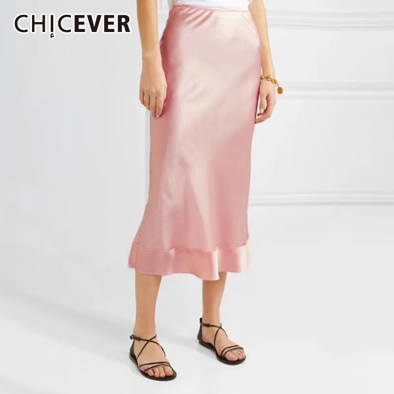 CHICEVER OL элегантная розовая сатиновая юбка для женщин с высокой талией длинная прямая Корейская женская юбка большого размера летняя модная новинка