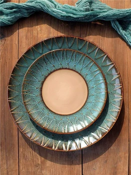 

Retro Peacock Pattern Blue Green Large ceramic Plate Creative Round Plates Steak Salad Snack Cake Plates Porcelain Tableware