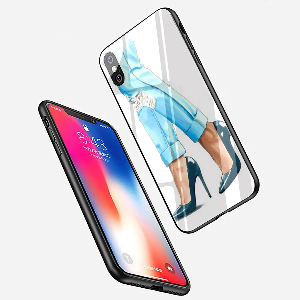 VOGUE Princess Girl Высокий каблук из закаленного стекла ТПУ черный чехол для iPhone X или 10 8 7 6 6S Plus Xr Xs Max