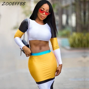 

ZOOEFFBB Sexy Splice Two Piece Set Women 2020 Summer Clothes Long Sleeve Crop Top and Skirt 2 Piece Matching Sets Club Outfits