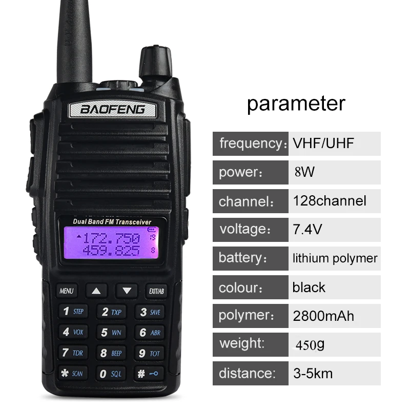 Хит! портативная рация BaoFeng UV-82, Двухдиапазонная, 136-174/400-520 МГц, FM, высокая мощность, 8 Вт, 2800 мА/ч, батарея, водонепроницаемая, двухсторонняя радиоантенна