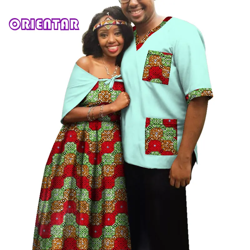 Traditional African Clothes for Couples Men Women African Print Long Dress Tops T Shirt Casual Ball Gown Lover Clothing WYQ181
