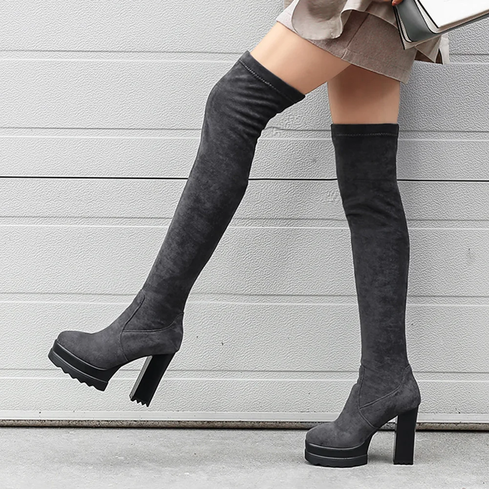 ALLENLYNN Over The Knee Thigh High Stretch Boots For Women Square High Heels Platform Auutmn Winter Shoes Woman Knight Boots