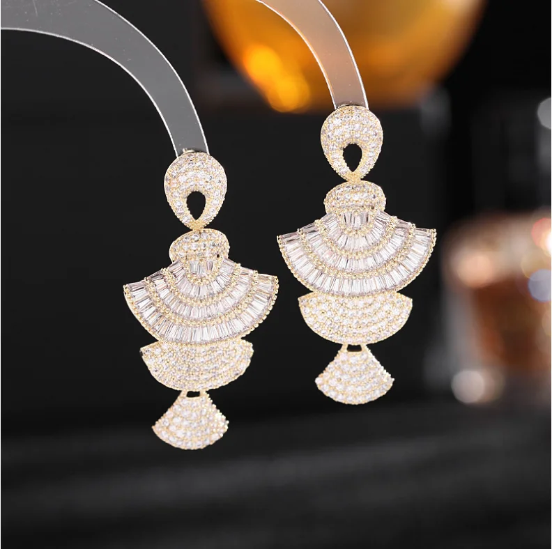 Fashion Heavy industry color zircon earrings stereo gradient pink fan-shaped earrings women A163