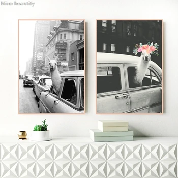 

Vintage llama Print Poster New York Photo Picture, Llama in a taxi on Times Square Canvas Print Poster Retro Wall Art Home Decor