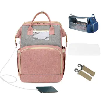 

USB Diaper Bags Backpack Foldable Sunscreen Baby Bed Crib Bag Large Capacity