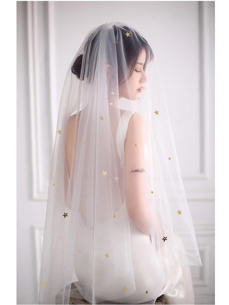 

2019 Wedding Bridal Veil Short Gold Star Sequin Shining Veil with Comb for brides 2 Layers velo de novia robe de mariage