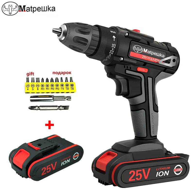 Cena 25V elektryczny śrubokręt domowy wiertarka akumulatorowa ręczny akumulator litowo jonowy elektryczny śrubokręt + prezent