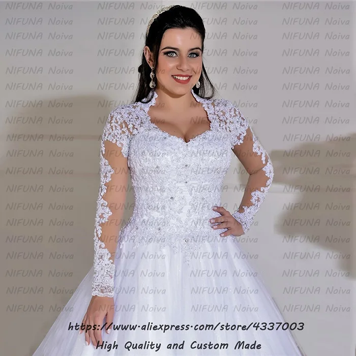 Vestido De Casamento/сексуальное платье невесты на спине, роскошное кружевное свадебное платье с длинными рукавами и жемчугом, Vestido de Noiva - Цвет: White Color Skin Net