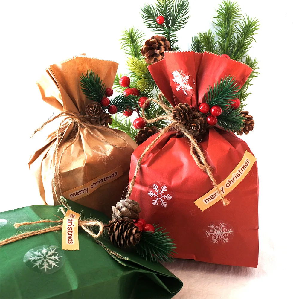 

10Set Gift Candy Kraft Paper Cake Bag With Pine Needle Pinecone Berry Rope Sticker For Wedding Christmas Tree Party Anniversary