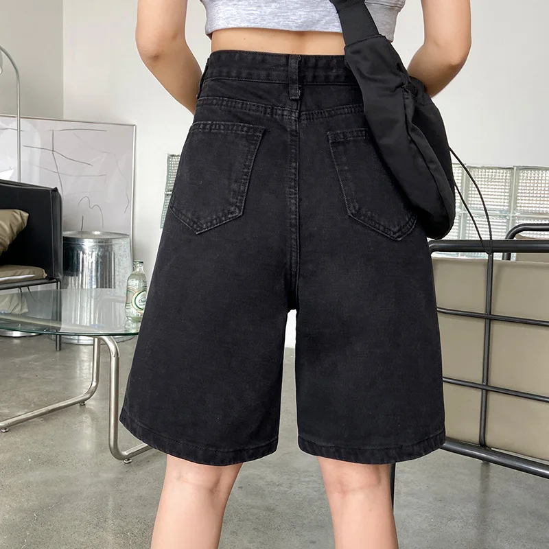 Female Loose Straight Button Jeans Bermuda Shorts 2021 New Summer Women  High Waist Wide Leg Black Denim Shorts Casual|Shorts| - AliExpress