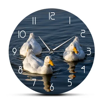 

White Pekin Ducks Beautiful Scenery Wall Clock Funny Duck Water Bird Farm Pet Animals Cute Home Decor Silent Quartz Wall Watch