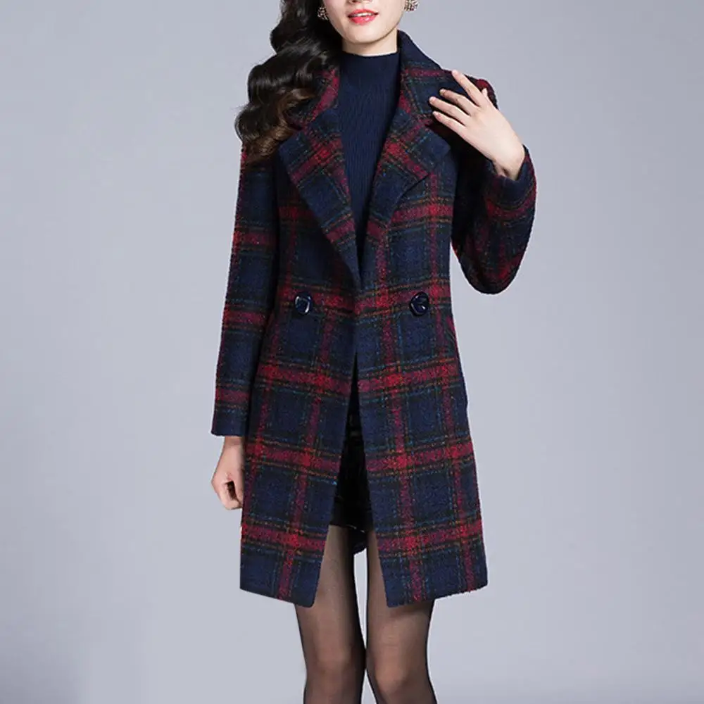

2019 Coat Women Wool Plus Size Winter Slim Plaid Lapel Long Sleeve Coat Cashmere Woolen Coat Winter Abrigos Mujer Invierno