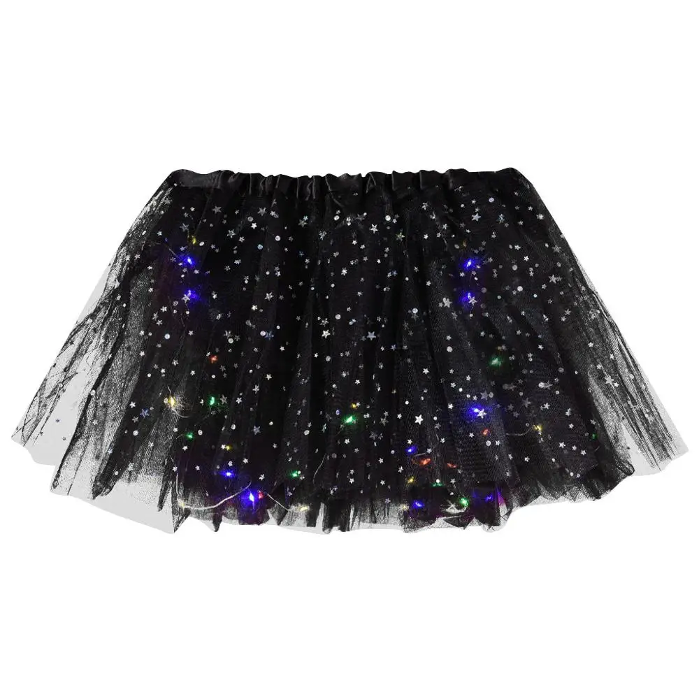 Women Star Sequins Mesh Skirt Pleated Tulle Princess Skirts With LED Small Bulb Female Korean Style Streetwear sexy tutu skirt